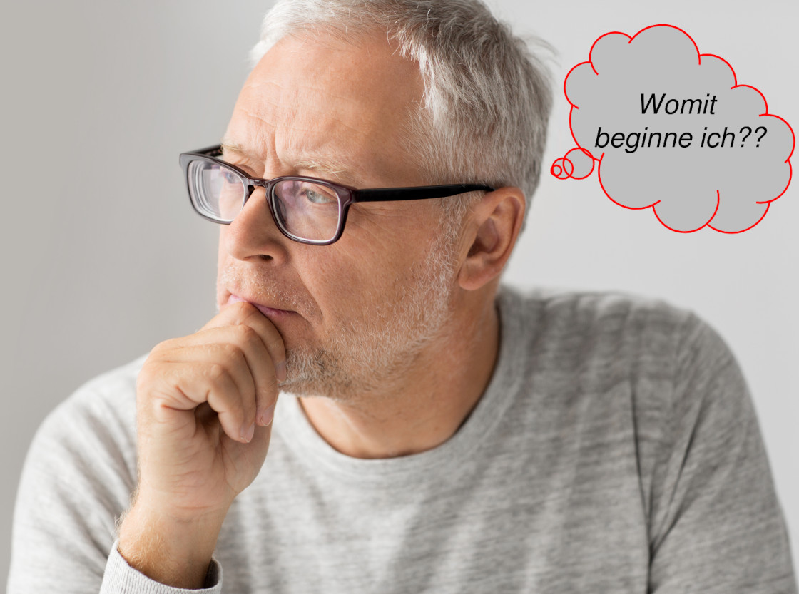 Mann mit Sprechblase "Womit beginne ich??"